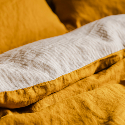 100% Linen Duvet Cover in Mustard & Natural Stripe